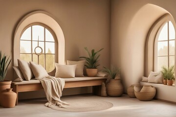Boho farmhouse home interior design of modern living room. Rustic wooden bench with pillows and clay pot against arched window near beige stucco wall 