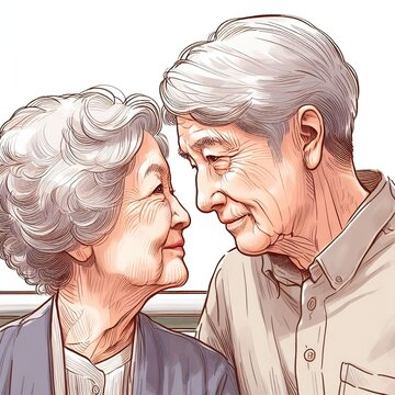 Portrait of a gray-haired elderly couple looking lovingly at each other, depicting loyalty and love.
