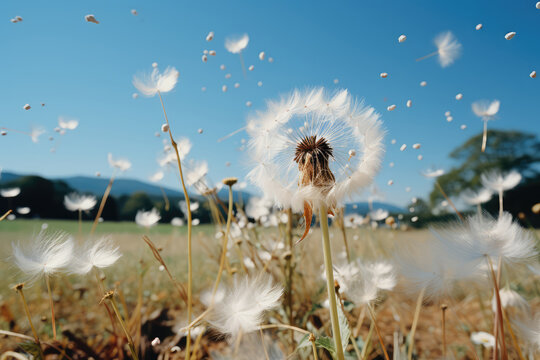 Dandelion seeds blowing in the wind on a meadow.
