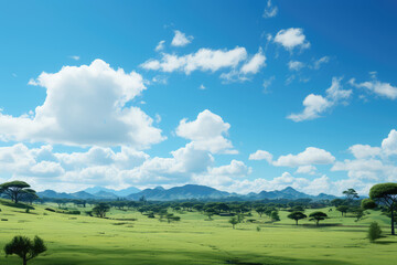 Fototapeta na wymiar Landscape of savanna with green grass and blue sky with white clouds