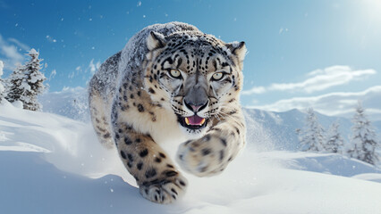 Dynamic view of a snow leopard running towards its prey in the snow.