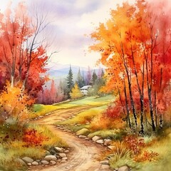 Fototapeta premium Watercolor autumn landscape, watercolor painting, leaf fall