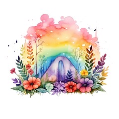 Watercolor rainbow illustration, floral art, clipart, single element for design on white background