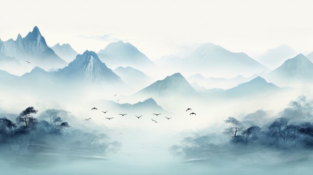 Landscape of serene blue mountains with rolling contours and a flock of birds soaring in the sky, captured in the traditional style of oriental ink painting known as sumi-e, u-sin, or go-hua.