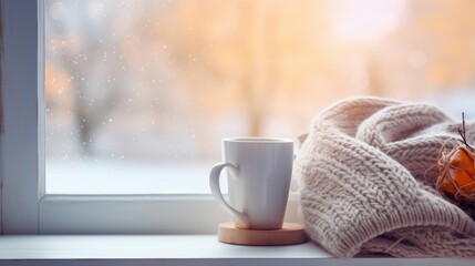 Warm and cozy winter scene: A steaming cup of tea and a knitted woolen blanket resting on an antique windowsill, with a snowy outdoor landscape in view. - obrazy, fototapety, plakaty