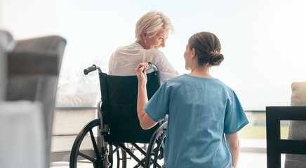 Old woman in wheelchair, care or caregiver talking for healthcare support at nursing home. Back, view or happy nurse speaking to senior patient or elderly person with a disability for empathy or hope