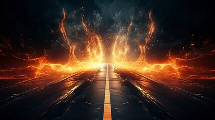 Abstract black background with wet long road on fire, blazing flames. Generation AI