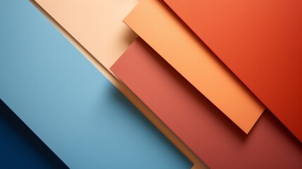 An aerial view of an arrangement of vibrant cardboard sheets in various shades of orange and blue.