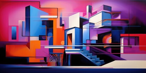 Abstract illustration of a purple and blue building, figurative art, still life with dramatic lighting, cubo futurism, background