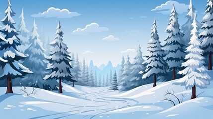 Fototapeta na wymiar A snowy pine forest, a charming wintery scene, a repeating landscape of winter beauty, a horizontal view of the forest covered in snow.