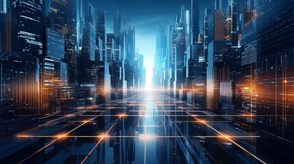 Abstract futuristic city background, virtual reality, cyber security, electronics, network, cryptography, quantum computer. Generation AI