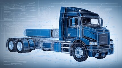A vector engineering drawing showcasing a truck, accompanied by precise dimensional lines and numerical values that outline the vehicle's exact dimensions. This CAD scheme serves as a mechanical backg - obrazy, fototapety, plakaty