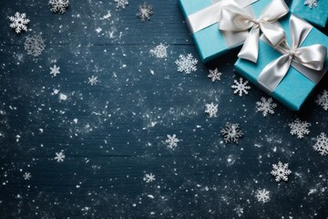 present gift with gold ribbon wrap flatlay topview dark table top texture wooden table christmas festive celebration greeting background with copyspace 