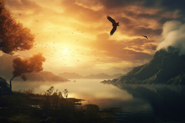 Fantasy landscape with a bird flying over the lake at sunset. 