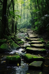 Stream flowing through the rainforest in Costa Rica, Central America. 