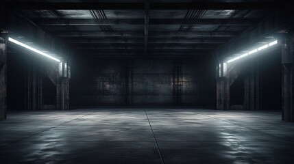 Empty dark underground tunnel, garage, corridor, warehouse with cement floor, asphalt, slab. LED lighting, neon lamps. Generation AI - obrazy, fototapety, plakaty