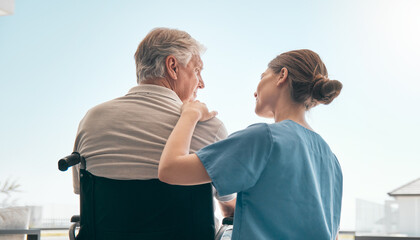 Old man in wheelchair, view or caregiver talking for healthcare support at nursing home. Back,...
