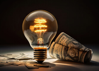 Rising energy cost concept. Light bulb and money around. Generative AI