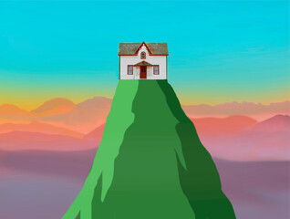Illustration of secluded houses standing on mountaintop