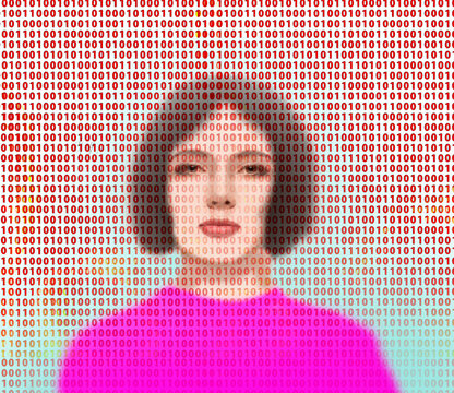 Illustration of young woman overlaid with binary code