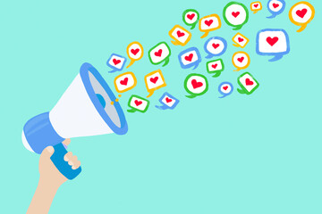 Illustration of hand holding megaphonespewing heart shaped social media icons