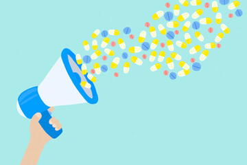 Illustration of hand holding megaphonespewing various pills