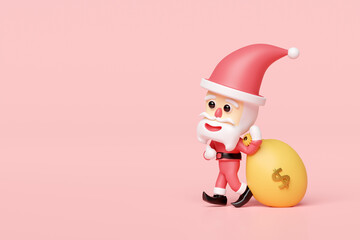 Santa Claus with money bag isolated on pink background. merry christmas and happy new year, 3d render illustration