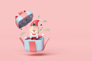 surprise gift box with Santa Claus  isolated on pink background. merry christmas and happy new year, 3d render illustration - obrazy, fototapety, plakaty
