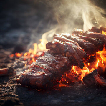 cow ribs on spit ground fire
