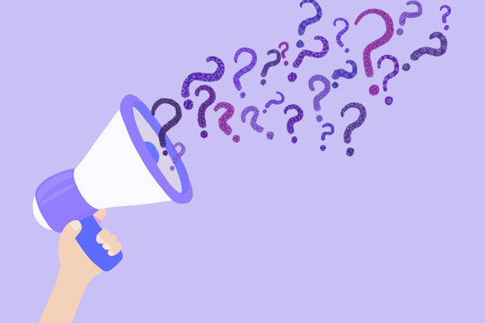 Illustration of hand holding megaphonespewing question marks