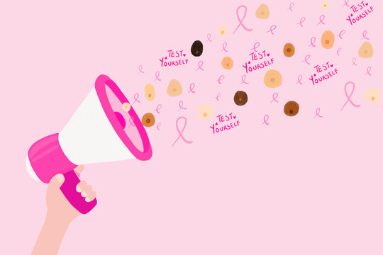 Illustration of hand holding megaphone spewing breast cancer awareness ribbons and messages