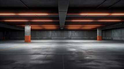 Empty dark underground tunnel, garage, corridor, warehouse with cement floor, asphalt, slab. LED lighting, neon lamps. Generation AI