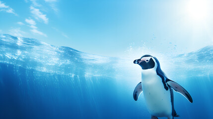 A happy penguin sliding on ice and in the water  AI generated
 - obrazy, fototapety, plakaty