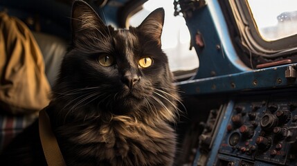 A black cat stares curiously from the window of an airborne vehicle, its whiskers twitching as it marvels at the world below, its innate wildness captured within confines of a metal and glass plane - obrazy, fototapety, plakaty