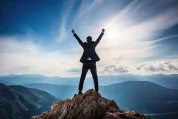 Businessman standing on top of a mountain with his arms raised celebrating success
