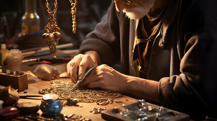 Photograph the hands of a silversmith crafting intricate jewelry, showcasing the meticulous precision in working with precious metals and gemstones.