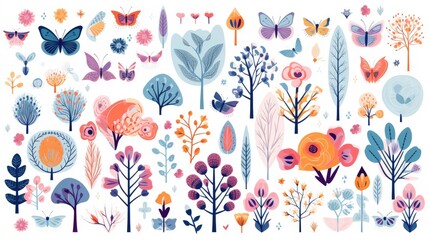 Graphic elements with trees, flowers, butterflies, bright colors