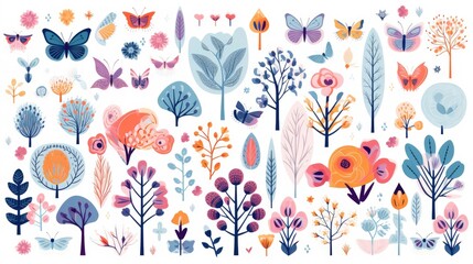 Obraz premium Graphic elements with trees, flowers, butterflies, bright colors
