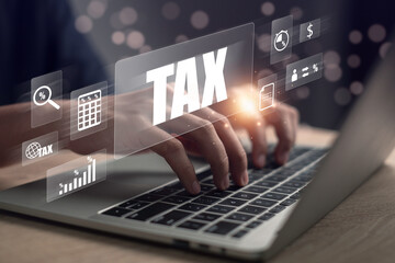 Tax deduction planning  and accountant calculating tax refund..Businessman paying taxes online. Expenses, account, VAT, income tax, Calculation of taxes, expenses, exemptions