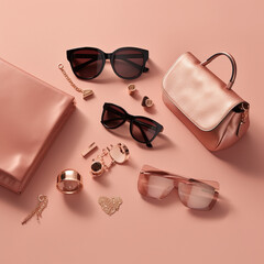 Beautiful layout of women's accessories on a pink background  - obrazy, fototapety, plakaty