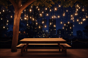 Fototapeta na wymiar Wooden bench under a tree with light bulbs in the night city