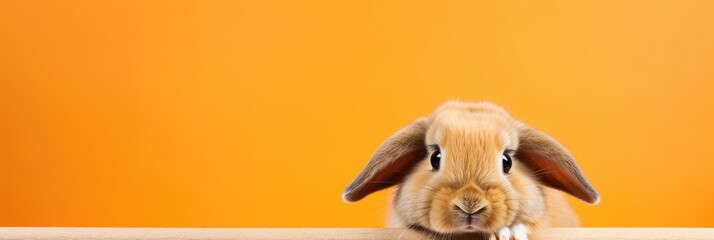 Cute brown rabbit on a blank orange background