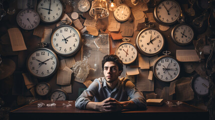 A man sits at a table. There are many clocks hanging behind him. Productivity concept. - obrazy, fototapety, plakaty