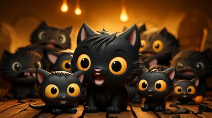 A group of mischievous black cats playfully explore an indoor halloween setting filled with colorful toys, cartoons, and flickering candles