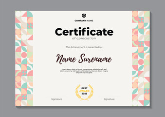 Certificate template with geometric pastel colours. the theme is so aesthethic, clear, and minimalist. abstract design. 
You can use it for other purposes