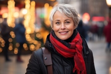 Mature woman in the city at Christmas time with lights on background