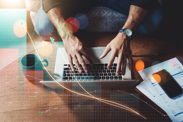 Hologram, laptop and hands of person with graph for statistics, website and planning mockup. Business, financial and top view of computer with overlay for analysis, networking and research in office