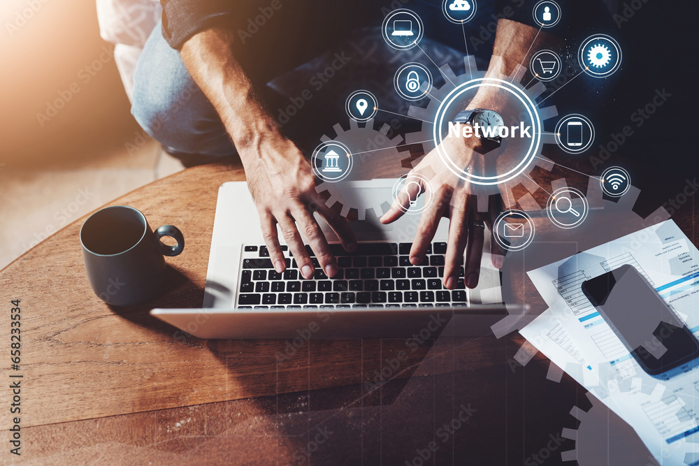 Poster hologram, laptop and above of person with icon for social networking, website and research mockup. b