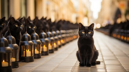 The solemn black cat perched on the sidewalk illuminated by flickering candles and lanterns...