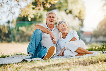 Senior couple, portrait or picnic in park for love, support or bonding retirement in Australia...